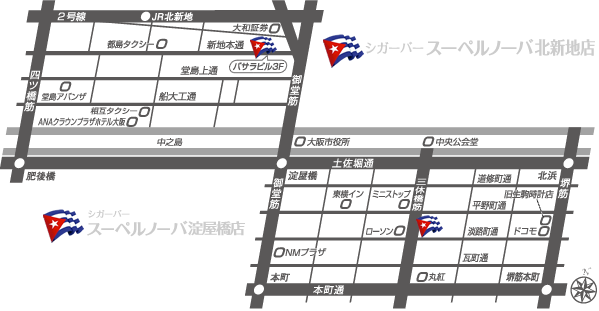 大阪の三休橋筋近辺と北新地の店舗地図